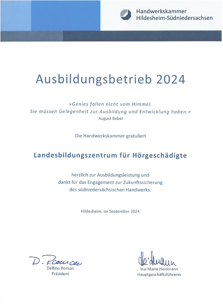 Auszeichnung der Handwerkskammer zum Ausbildungsbetrieb 2024