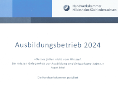 Auszeichnung der Handwerkskammer zum Ausbildungsbetrieb 2024